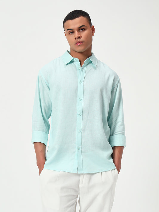 Monteynclub Relaxed Fit Premium Linen Mint Blue Shirt