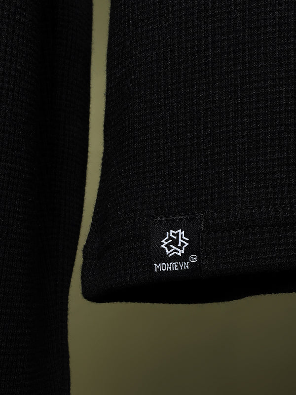 Grid Waffle Texture Full Sleeves T-shirt (Black)
