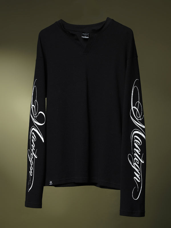 Grid Waffle Texture Full Sleeves T-shirt (Black)